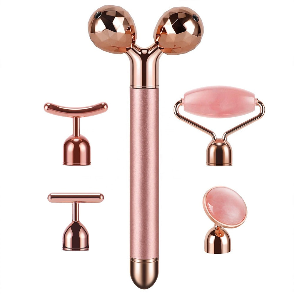 24K Gold Electric Face Massager with Rose Quartz Roller