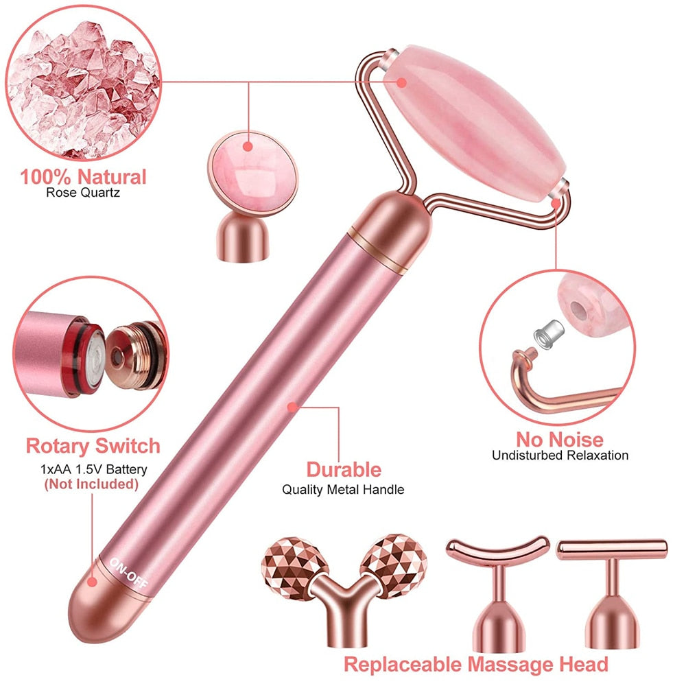 24K Gold Electric Face Massager with Rose Quartz Roller